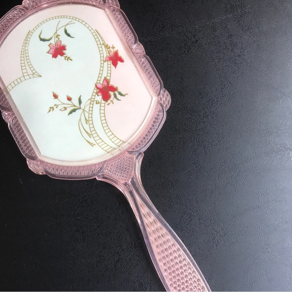 Vintage Celluloid Floral Mirror Vanity Handled Dainty Pretty Flower Mirror Pink